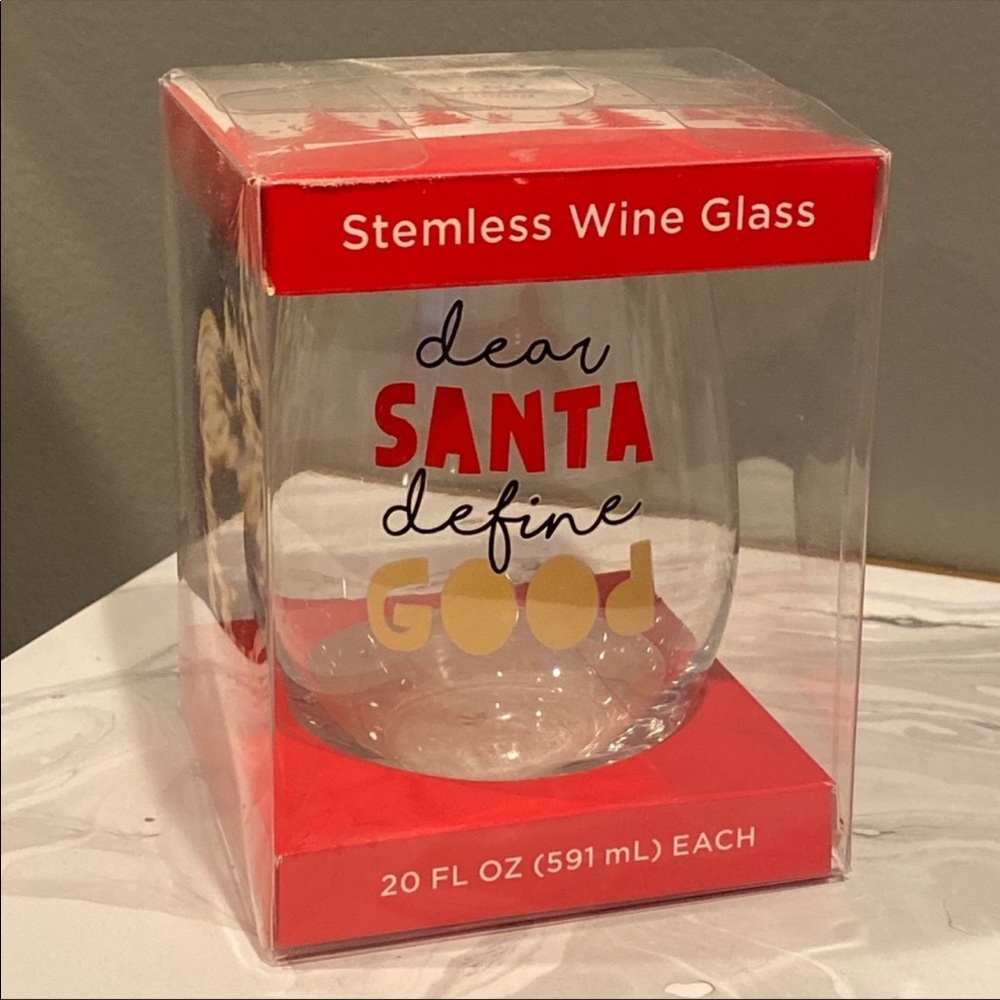 Holiday Christmas Stemless Wine Glass with “Dear Santa Define Good”